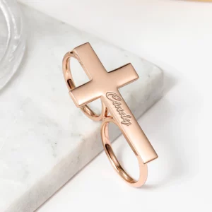 Bague personnalisée à deux doigts, Double cercle, croix, nom personnalisé, bijoux pour femmes en acier inoxydable, plaqué or 18 carats, Souvenir de jésus