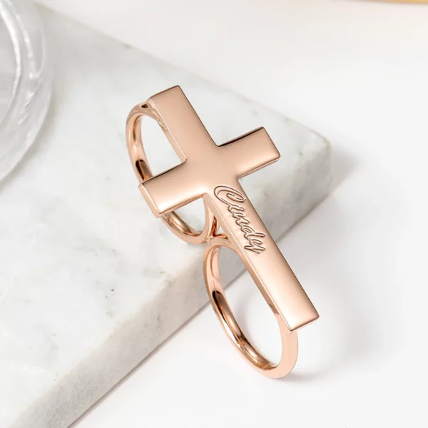 Bague personnalisée à deux doigts, Double cercle, croix, nom personnalisé, bijoux pour femmes en acier inoxydable, plaqué or 18 carats, Souvenir de jésus