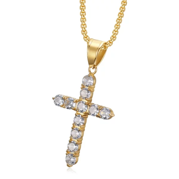 Pendentif croix en acier inoxydable AAA CZ plaqué or glacé, collier avec pendentif jésus scintillant pour hommes et femmes, bijoux tendance – Image 10