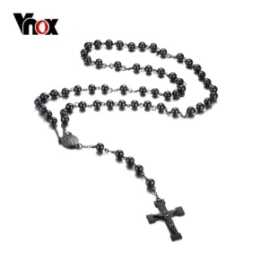 Vnox-Collier chapelet croix JOBead pour homme, bijoux en acier inoxydable, breloque Jésus-Christ noir
