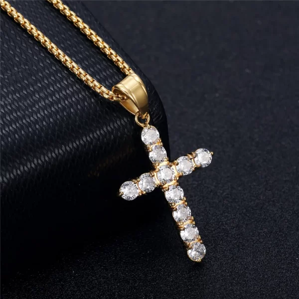 Pendentif croix en acier inoxydable AAA CZ plaqué or glacé, collier avec pendentif jésus scintillant pour hommes et femmes, bijoux tendance – Image 13