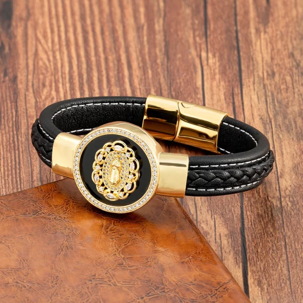 À la mode jésus charme cubique zircone hommes Bracelet rond pierre naturelle noir bracelets en cuir bracelets pour femmes bijoux de luxe – Image 11