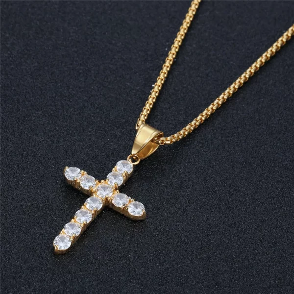 Pendentif croix en acier inoxydable AAA CZ plaqué or glacé, collier avec pendentif jésus scintillant pour hommes et femmes, bijoux tendance – Image 14