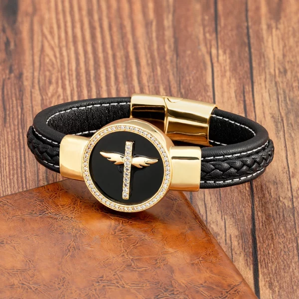 À la mode jésus charme cubique zircone hommes Bracelet rond pierre naturelle noir bracelets en cuir bracelets pour femmes bijoux de luxe – Image 2