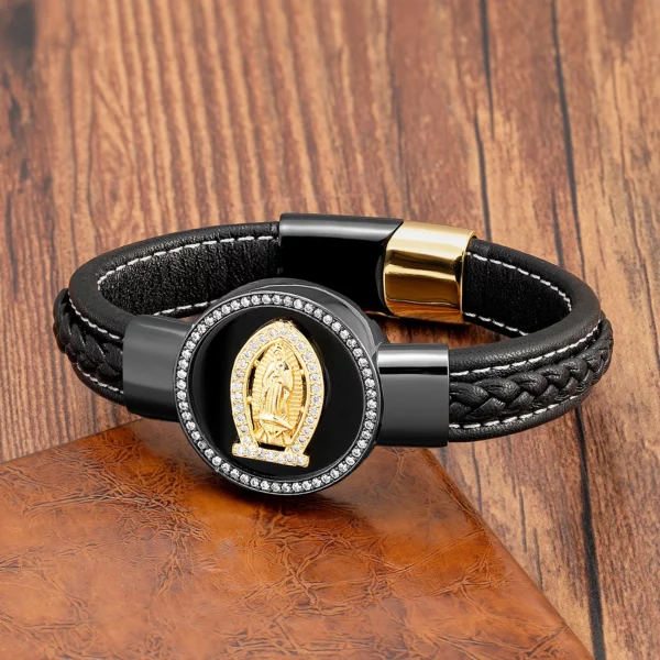 À la mode jésus charme cubique zircone hommes Bracelet rond pierre naturelle noir bracelets en cuir bracelets pour femmes bijoux de luxe – Image 14