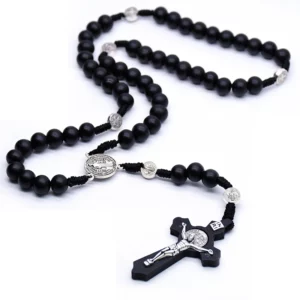 QIGO religieux en bois Antique croix noire chapelet pendentif colliers jésus Saint benoît collier de perles pour hommes femmes bijoux