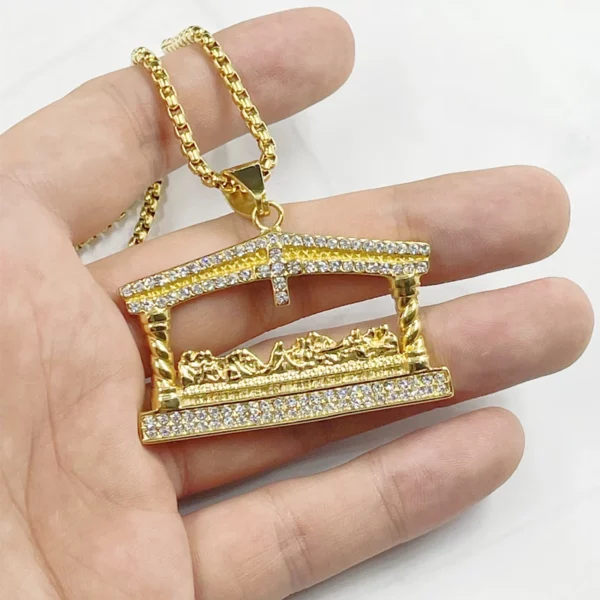 Collier avec pendentif tête de jésus en strass pour hommes, couleur or, à la mode, le dernier dîner, Hip Hop – Image 9