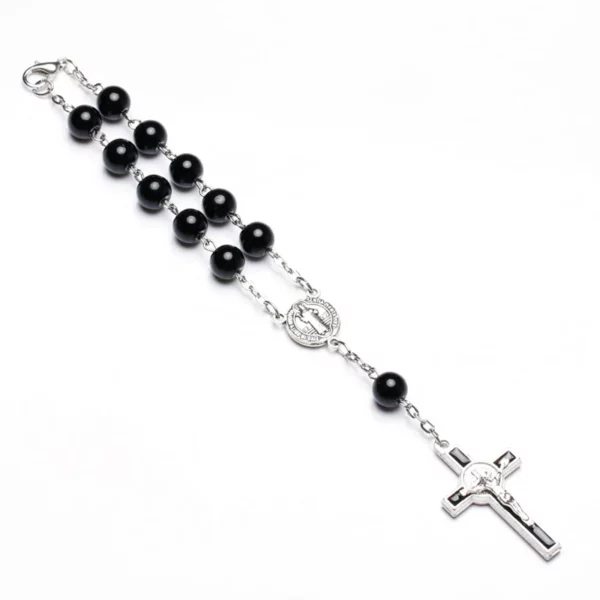 QIGO – chapelet de perles en verre noir, croix, Bracelet de perles, cadeaux, bijoux religieux – Image 2