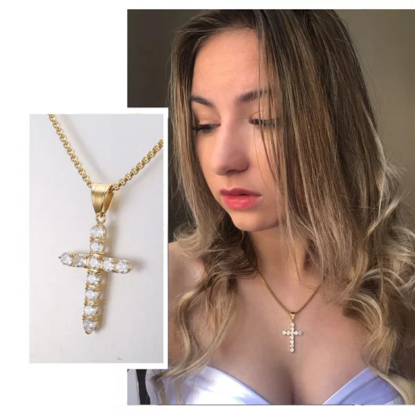 Pendentif croix en acier inoxydable AAA CZ plaqué or glacé, collier avec pendentif jésus scintillant pour hommes et femmes, bijoux tendance – Image 23