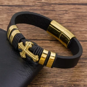 TYO – Bracelet en cuir noir pour hommes, breloque tendance, corde tressée, couches magnétiques, croix, accessoires de bijoux