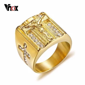 Vnox Punk jésus Christ croix bague épaisse pour hommes cristaux en acier inoxydable Religion prière mâle Hip-hop bijoux couleur or