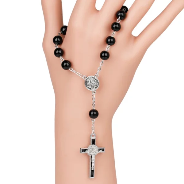 QIGO – chapelet de perles en verre noir, croix, Bracelet de perles, cadeaux, bijoux religieux – Image 5