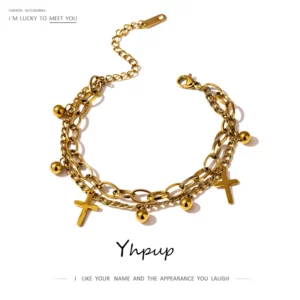 Yhpup – Bracelet croisé en acier inoxydable pour femmes, breloque en métal plaqué or 14 K, poignet tendance, Design Unique, bijoux