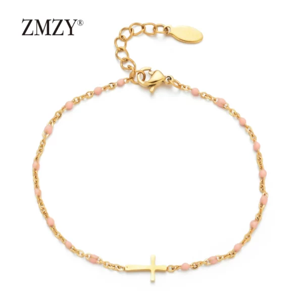 ZMZY – Bracelets Boho en acier inoxydable pour filles, chaîne fine, couleur or, rose pêche, breloque croisée, beau cadeau – Image 15