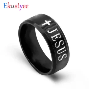 2019 nouveau noir titane acier jésus anneaux croix prière lettre Bible alliance bague hommes bijoux