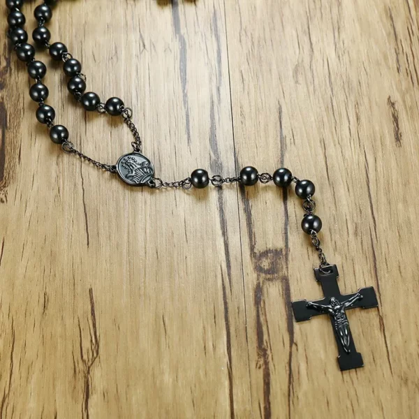 Vnox-Collier chapelet croix JOBead pour homme, bijoux en acier inoxydable, breloque Jésus-Christ noir – Image 5
