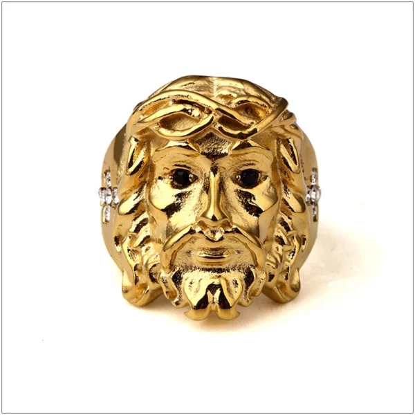 Bague en acier inoxydable plaqué or pour hommes et femmes, bijoux fantaisie, pièce de tête, Hip Hop, Bling Ice Out, CZ, 3D, Christ Jesus, taille 6-12 – Image 4