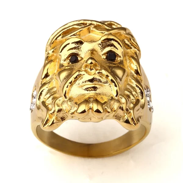 Bague en acier inoxydable plaqué or pour hommes et femmes, bijoux fantaisie, pièce de tête, Hip Hop, Bling Ice Out, CZ, 3D, Christ Jesus, taille 6-12 – Image 2