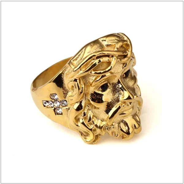 Bague en acier inoxydable plaqué or pour hommes et femmes, bijoux fantaisie, pièce de tête, Hip Hop, Bling Ice Out, CZ, 3D, Christ Jesus, taille 6-12 – Image 3