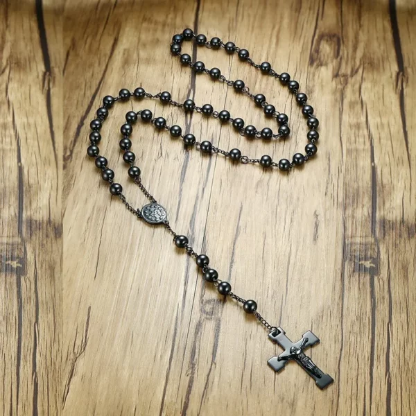 Vnox-Collier chapelet croix JOBead pour homme, bijoux en acier inoxydable, breloque Jésus-Christ noir – Image 4