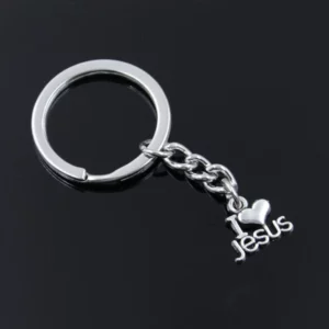 JOVintage I Love Jesus-Porte-clés en métal argenté pour homme, pendentif document bricolage, cadeau porte-clés de voiture, nouvelle mode, 15x13mm, 30mm