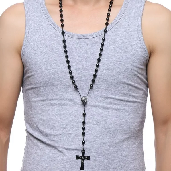 Vnox-Collier chapelet croix JOBead pour homme, bijoux en acier inoxydable, breloque Jésus-Christ noir – Image 2