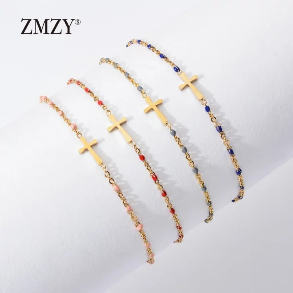 ZMZY – Bracelets Boho en acier inoxydable pour filles, chaîne fine, couleur or, rose pêche, breloque croisée, beau cadeau – Image 16