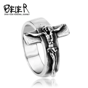 Beier Nouvelle Mode SION L En Acier Inoxydable Jésus Croix Anneau De Haute Qualité Religieux Hommes Anneau Punk style Mode Cadeau LLBR8-134R