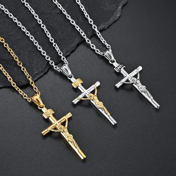 Punk INRI jésus croix pendentif couleur or/argent acier inoxydable crucifix chrétien collier pour femmes hommes bijoux religieux cadeau – Image 7