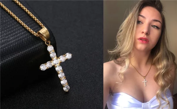 Pendentif croix en acier inoxydable AAA CZ plaqué or glacé, collier avec pendentif jésus scintillant pour hommes et femmes, bijoux tendance – Image 9