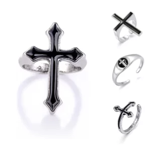 Bague rétro noire grande croix ouverte pour femmes, bijoux de fête pour hommes, tendance gothique, couleur métal, cadeau de bijoux Anillo
