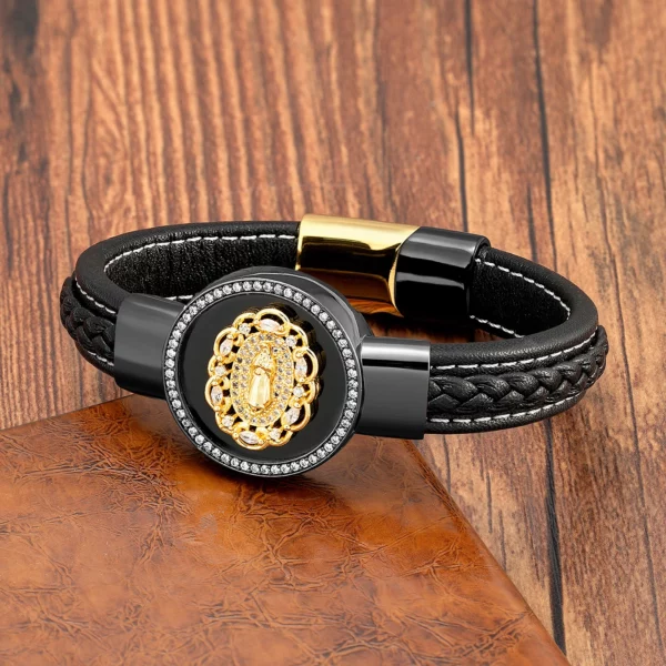 À la mode jésus charme cubique zircone hommes Bracelet rond pierre naturelle noir bracelets en cuir bracelets pour femmes bijoux de luxe – Image 15