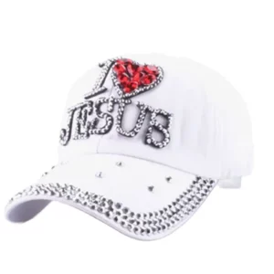 WJ7621 personnaliser femmes denim tissu pierres artificielles bling bling rouge j'aime coeur jésus personnaliser coton casquettes de Baseball