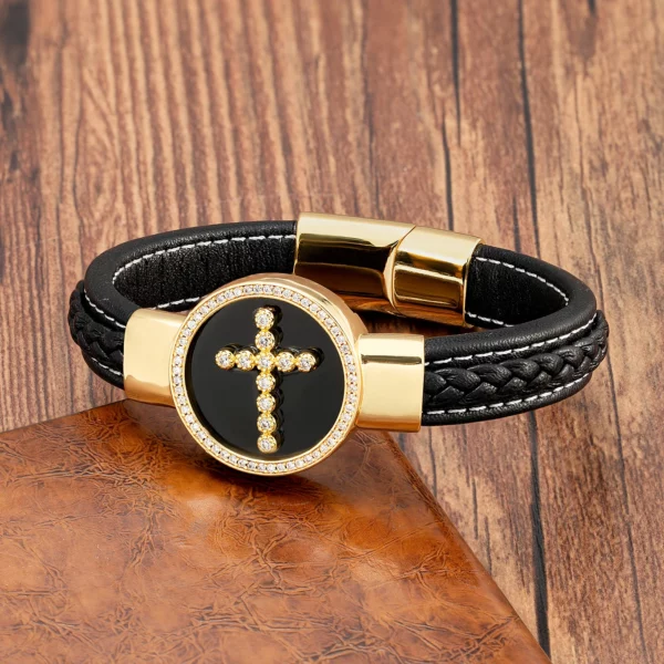 À la mode jésus charme cubique zircone hommes Bracelet rond pierre naturelle noir bracelets en cuir bracelets pour femmes bijoux de luxe – Image 9