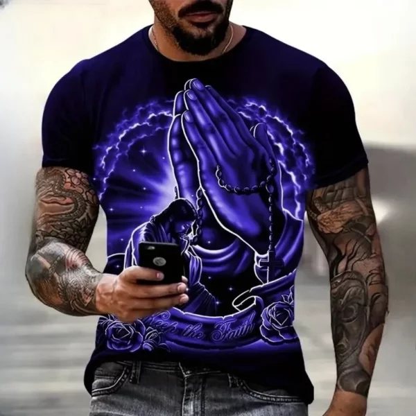 Christianisme prier T-shirt mode 3D jésus impression T-shirt pour hommes décontracté col rond surdimensionné à manches courtes haut été Vintage vêtements – Image 3