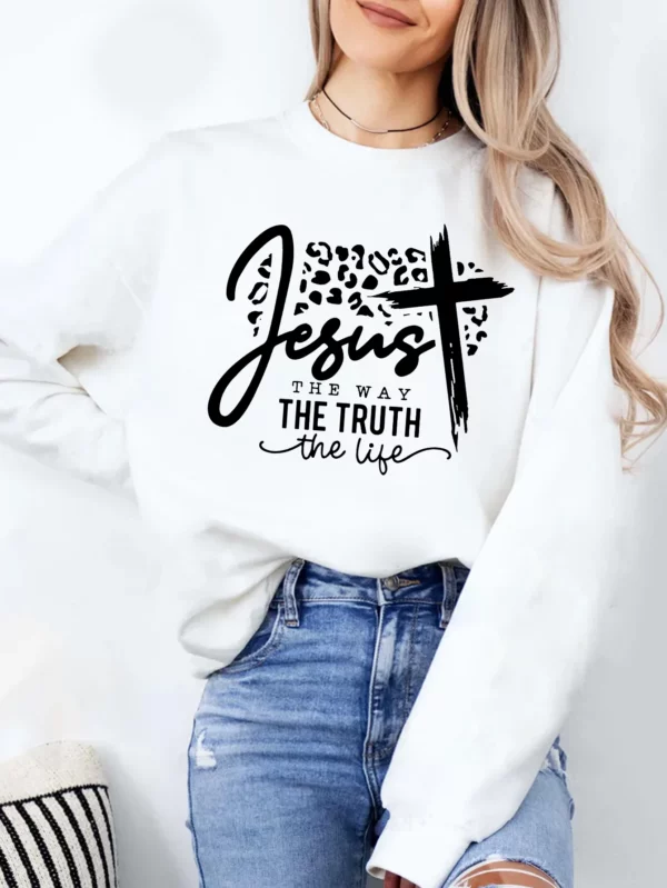 Sweat-shirt délavé à col rond pour femme, imprimé lettre Jesus The Way The Truth The Life, vêtements décontractés pour l'hiver et l'automne – Image 10