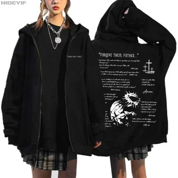 Christian jésus Merch pardonne-les père verset de la Bible à capuche fermeture éclair hommes femmes veste Hiphop Streetwear sweat-shirt hauts CJ1 – Image 4