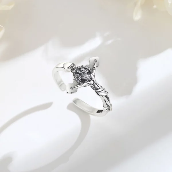Eudora-Bague réglable en argent regardé 925 pour hommes et femmes, Saint Benoît, Saint Benoît, San Benoît, Médaillon religieux, Bijoux vintage – Image 8