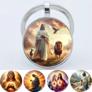 Porte-clés pendentif jésus, pierres précieuses du temps, verre, cristal ovale, voiture pour hommes, bijoux de famille, cadeau