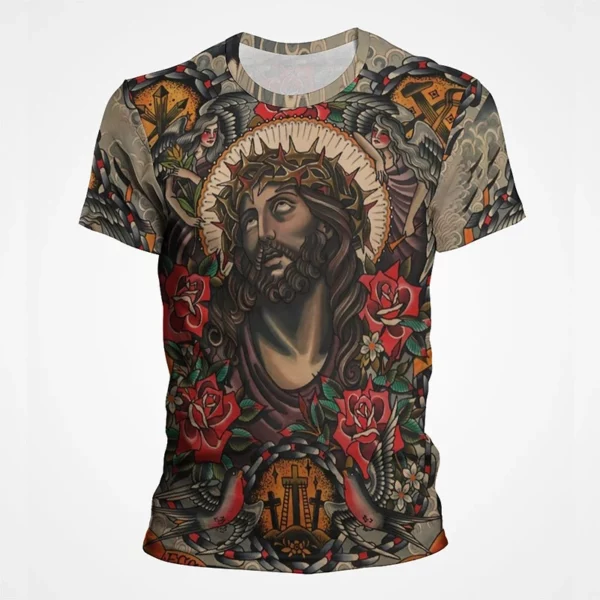 T-shirt à manches courtes imprimé 3D pour hommes et femmes, vêtements de rue décontractés, vêtements vintage, impression graphique du Christ Jésus, pop et hip hop, été