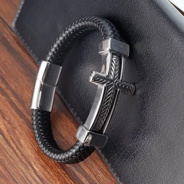 Bijoux croix Vintage en acier inoxydable, Crucifix tissé, Bracelet en cuir véritable, cadeau chrétien pour hommes – Image 9