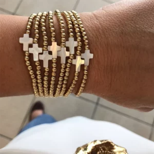 Vlen Bracelet croix chrétienne plaqué or 18 carats perles empilables bijoux pour femmes cadeau religieux pour la foi délicate Pulseras Mujer