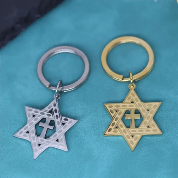 Porte-clés pendentif croix étoile de David, en acier inoxydable, pour hommes, amulette, Vintage, bijoux, cadeau