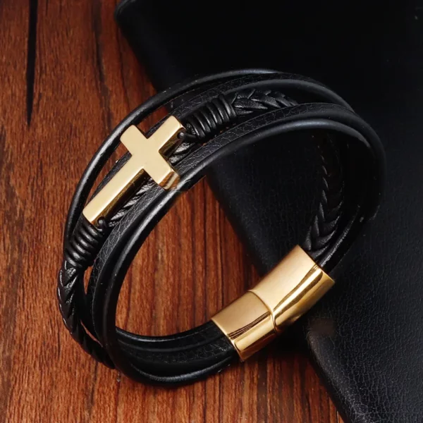 Bracelet Vintage en cuir véritable pour hommes, en acier inoxydable, tissé, croix, multicouche, accessoire de bijoux, cadeau – Image 4