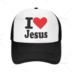 Chapeau de camionneur imprimé I Love Jesus pour hommes et femmes, casquette de baseball en maille, chapeaux de soleil, casquette de cowboy, chapeau de papa d'été, noir