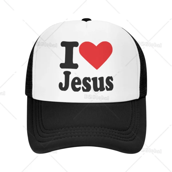Chapeau de camionneur imprimé I Love Jesus pour hommes et femmes, casquette de baseball en maille, chapeaux de soleil, casquette de cowboy, chapeau de papa d'été, noir