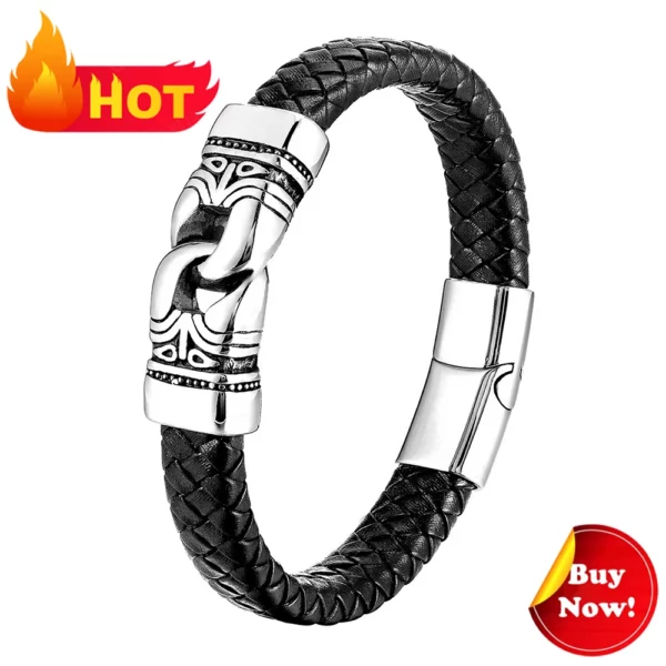 Bijoux croix Vintage en acier inoxydable, Crucifix tissé, Bracelet en cuir véritable, cadeau chrétien pour hommes – Image 18
