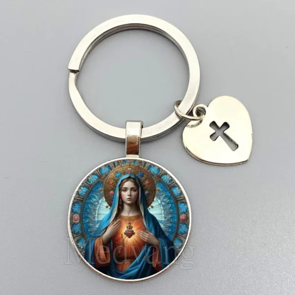 Porte-clés Jésus Sacré-Cœur Vierge Marie, porte-clés en verre breton, bijoux catholiques pour hommes et femmes, cadeaux – Image 21