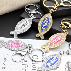 Dessin animé métal poisson en forme de porte-clés originalité j'aime jésus lettre porte-clés brillant voiture créatif porte-clés anneau Souvenir cadeau