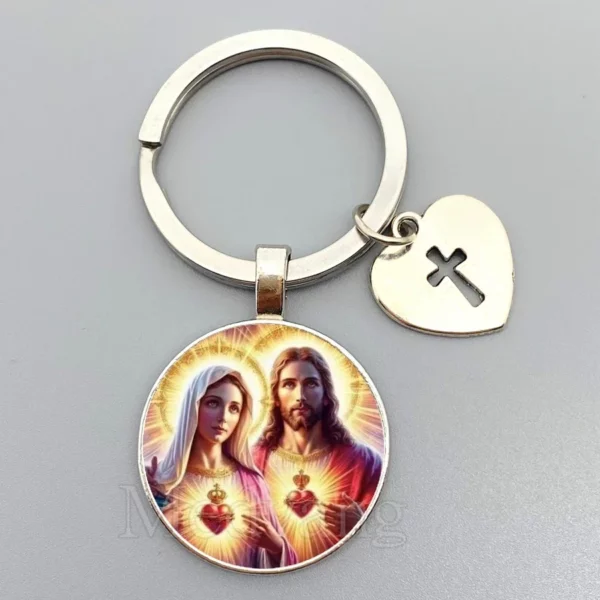 Porte-clés Jésus Sacré-Cœur Vierge Marie, porte-clés en verre breton, bijoux catholiques pour hommes et femmes, cadeaux – Image 14